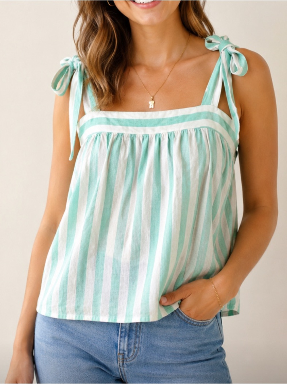 Stoney Clover Tie-Shoulder Linen Blend Tank Top - Mint & White NEW
